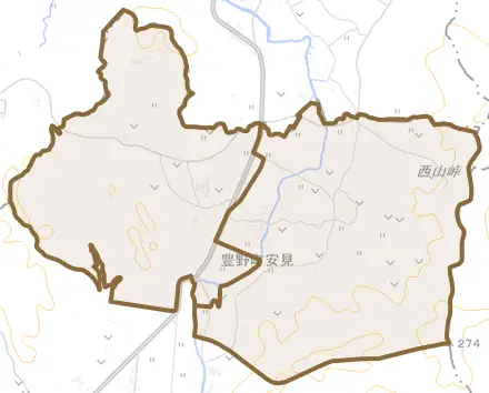 豊野町安見とその周辺の地図。町の範囲を重ねている