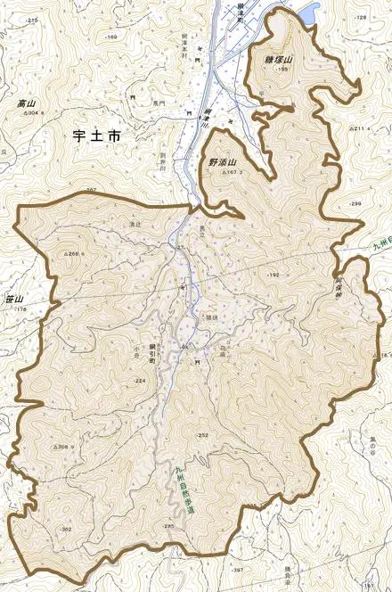 網引町とその周辺の地図。町の範囲を重ねている