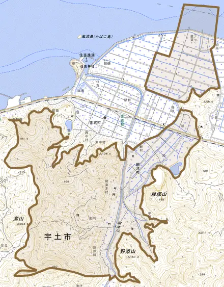 網津町とその周辺の地図。町の範囲を重ねている