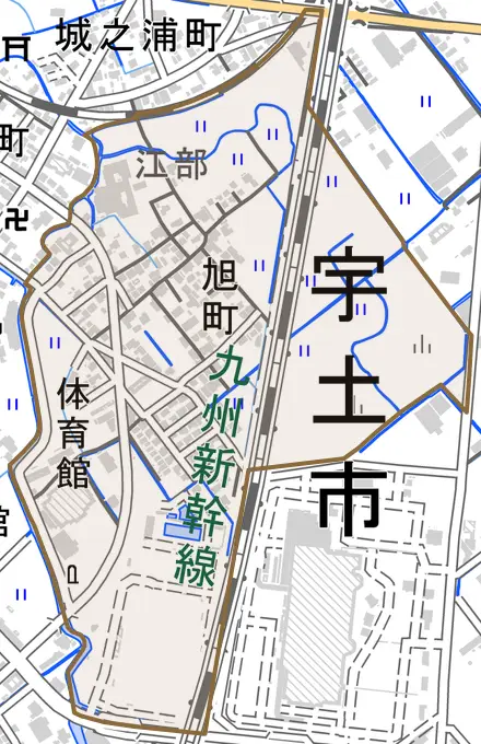 旭町とその周辺の地図。町の範囲を重ねている
