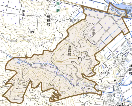恵塚町とその周辺の地図。町の範囲を重ねている