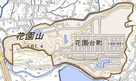 花園台町とその周辺の地図。町の範囲を重ねている