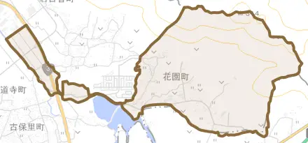 花園町とその周辺の地図。町の範囲を重ねている