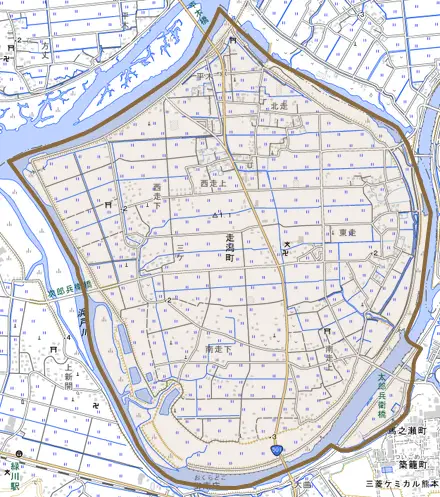 走潟町とその周辺の地図。町の範囲を重ねている