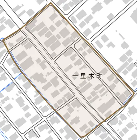 一里木町とその周辺の地図。町の範囲を重ねている