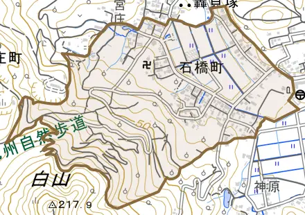 石橋町とその周辺の地図。町の範囲を重ねている