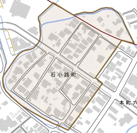 石小路町とその周辺の地図。町の範囲を重ねている