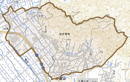岩古曽町とその周辺の地図。町の範囲を重ねている