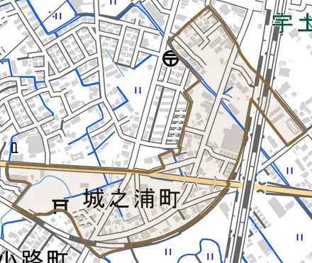 城之浦町とその周辺の地図。町の範囲を重ねている