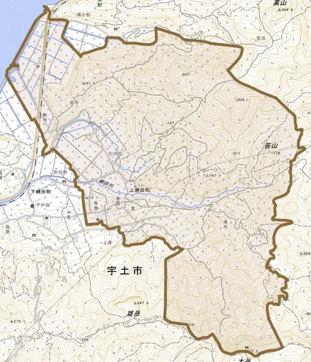 上網田町とその周辺の地図。町の範囲を重ねている