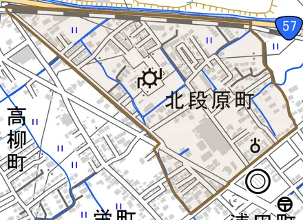 北段原町とその周辺の地図。町の範囲を重ねている