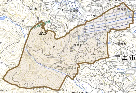 神合町とその周辺の地図。町の範囲を重ねている