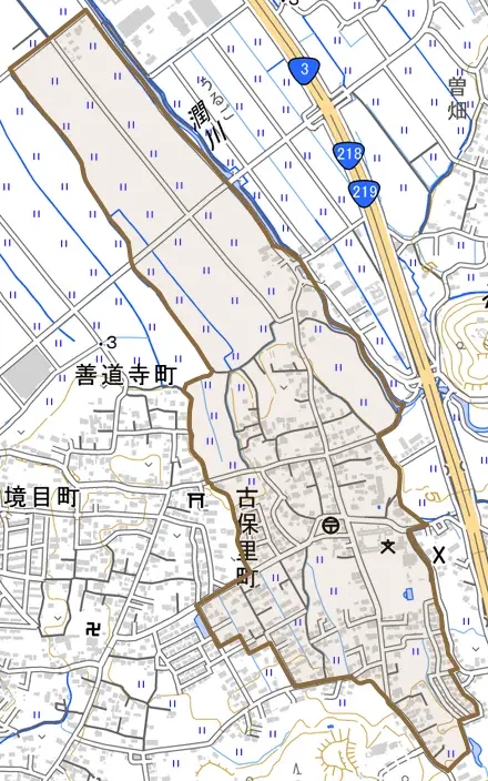 古保里町とその周辺の地図。町の範囲を重ねている