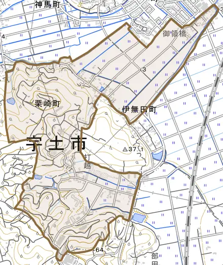 栗崎町とその周辺の地図。町の範囲を重ねている