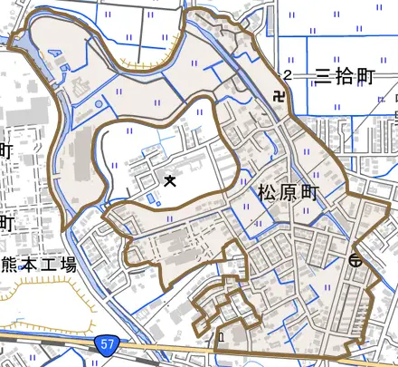 松原町とその周辺の地図。町の範囲を重ねている