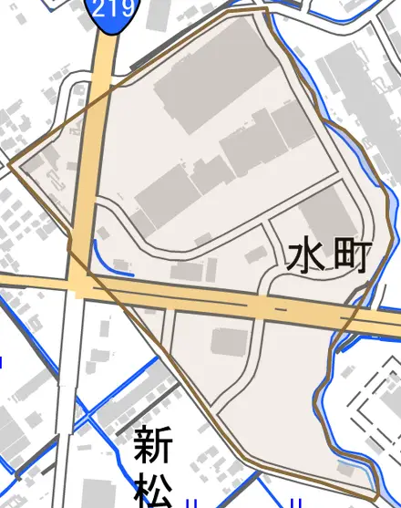 水町とその周辺の地図。町の範囲を重ねている