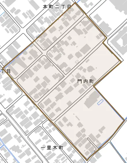 門内町とその周辺の地図。町の範囲を重ねている