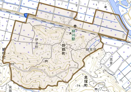 野鶴町とその周辺の地図。町の範囲を重ねている
