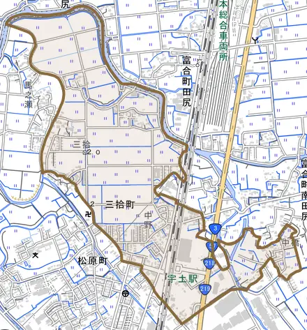 三拾町とその周辺の地図。町の範囲を重ねている
