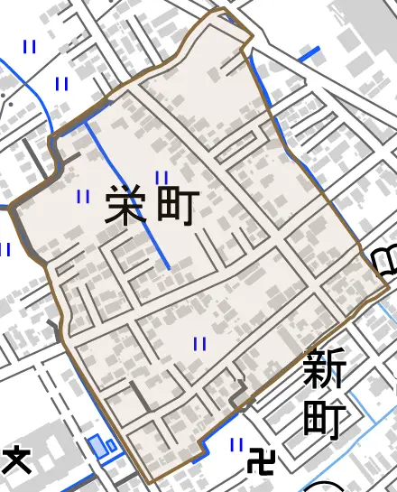 栄町とその周辺の地図。町の範囲を重ねている