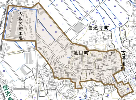 境目町とその周辺の地図。町の範囲を重ねている
