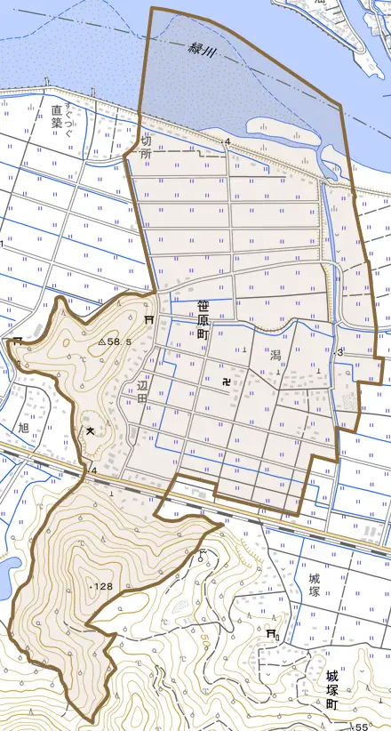笹原町とその周辺の地図。町の範囲を重ねている