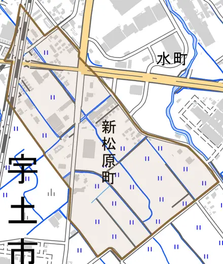 新松原町とその周辺の地図。町の範囲を重ねている