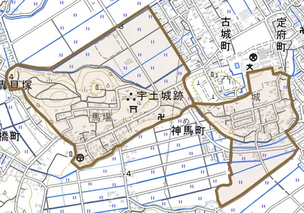 神馬町とその周辺の地図。町の範囲を重ねている