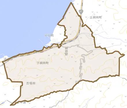 下網田町とその周辺の地図。町の範囲を重ねている