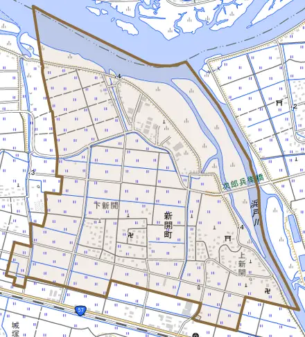 新開町とその周辺の地図。町の範囲を重ねている