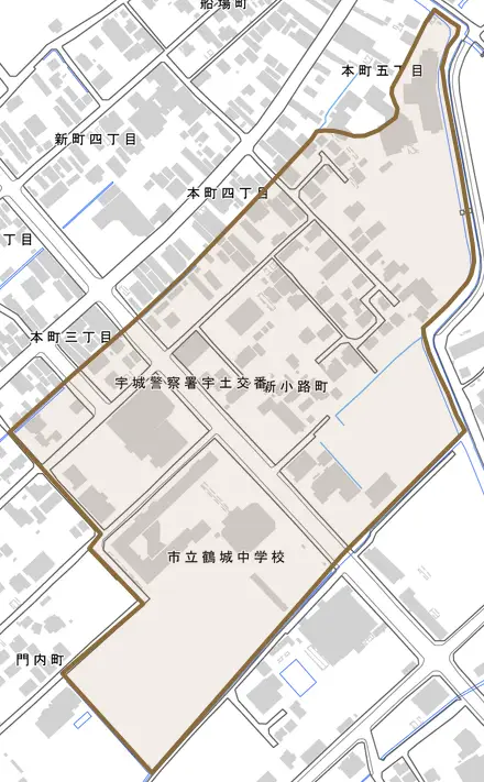 新小路町とその周辺の地図。町の範囲を重ねている