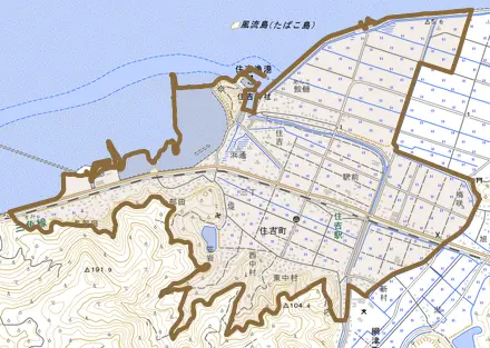 住吉町とその周辺の地図。町の範囲を重ねている