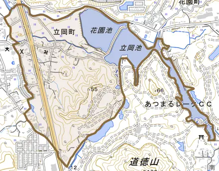 立岡町とその周辺の地図。町の範囲を重ねている