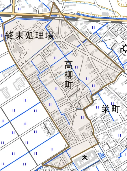 高柳町とその周辺の地図。町の範囲を重ねている