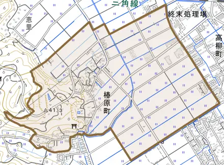 椿原町とその周辺の地図。町の範囲を重ねている