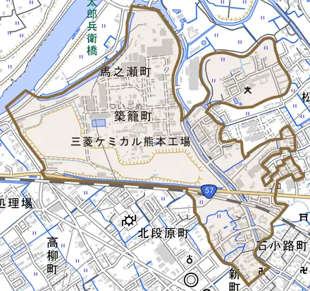 築籠町とその周辺の地図。町の範囲を重ねている