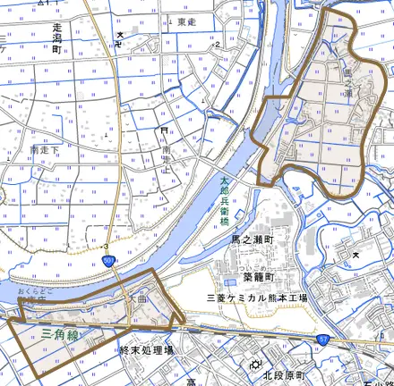 馬之瀬町とその周辺の地図。町の範囲を重ねている