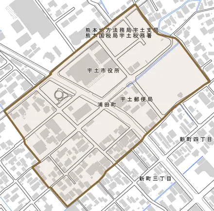 浦田町とその周辺の地図。町の範囲を重ねている