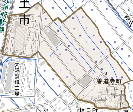 善道寺町とその周辺の地図。町の範囲を重ねている