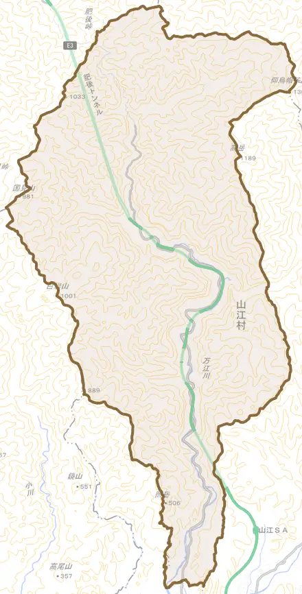 大字万江とその周辺の地図。町の範囲を重ねている