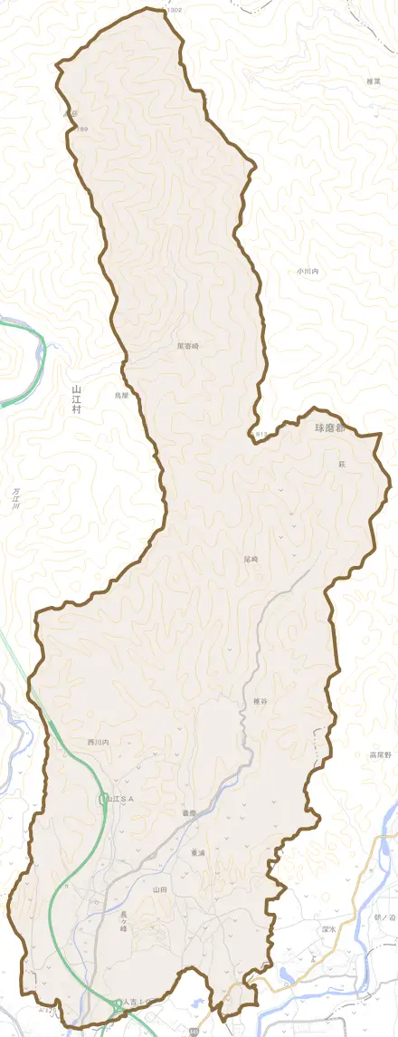 大字山田とその周辺の地図。町の範囲を重ねている