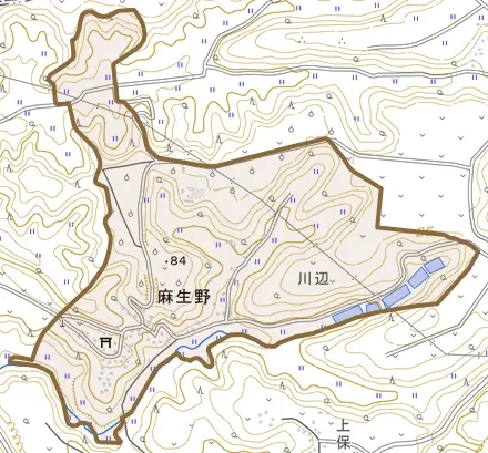 麻生野とその周辺の地図。町の範囲を重ねている
