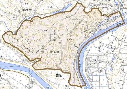保多田とその周辺の地図。町の範囲を重ねている