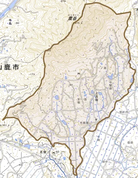 上吉田とその周辺の地図。町の範囲を重ねている