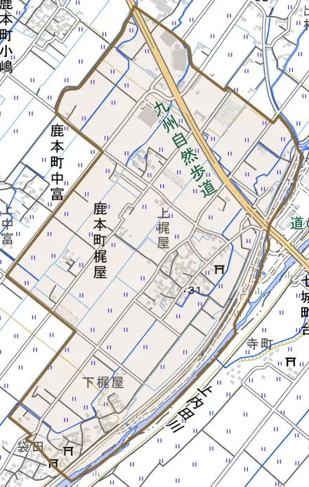 鹿本町梶屋とその周辺の地図。町の範囲を重ねている