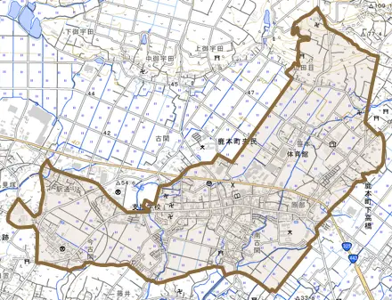 鹿本町来民とその周辺の地図。町の範囲を重ねている
