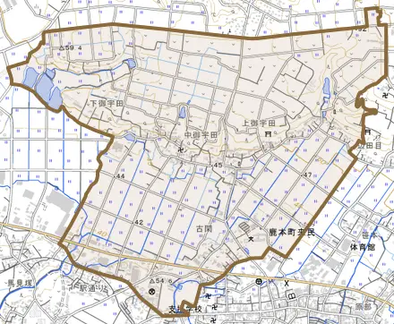 鹿本町御宇田とその周辺の地図。町の範囲を重ねている