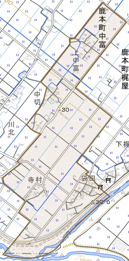 鹿本町中富とその周辺の地図。町の範囲を重ねている