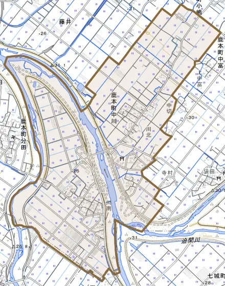 鹿本町中川とその周辺の地図。町の範囲を重ねている