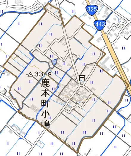 鹿本町小嶋とその周辺の地図。町の範囲を重ねている